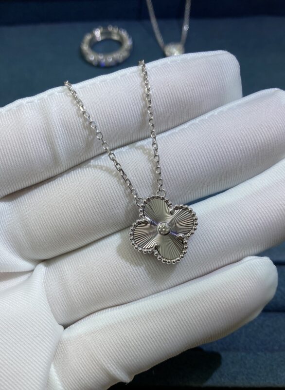 Medium One Diamond Laser Clover Necklace, White Gold