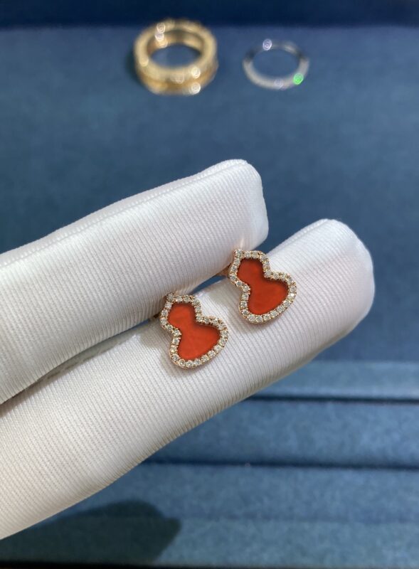 Carnelian Gourd Stud Earrings, Rose Gold