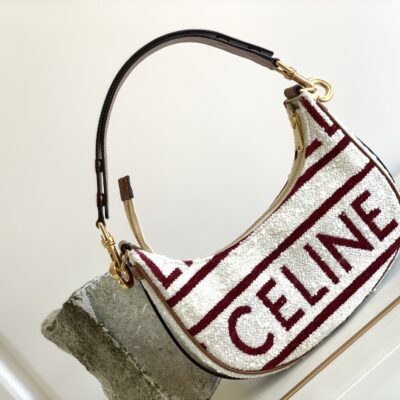 Celine Red and White Letter Fabric AVA Strap Handbag