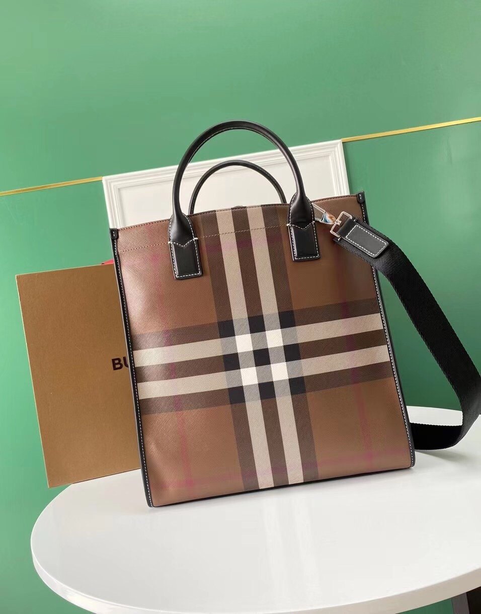 Burberry Check Pattern Leather Tote Bag - Image 2