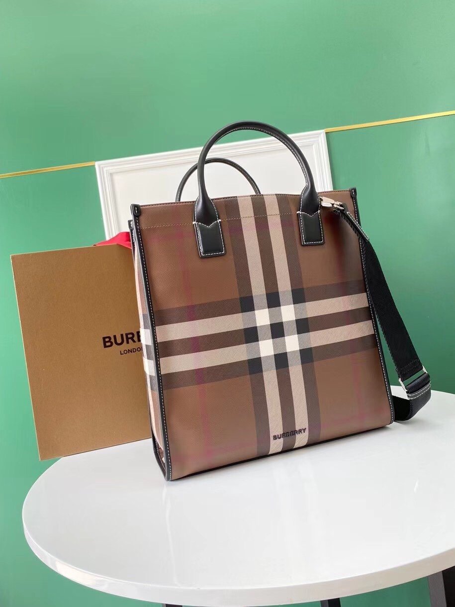 Burberry Check Pattern Leather Tote Bag - Image 3