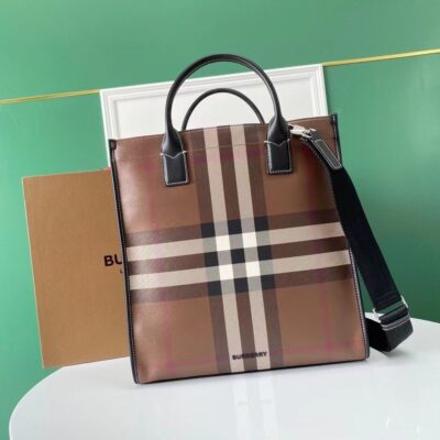 Burberry Check Pattern Leather Tote Bag