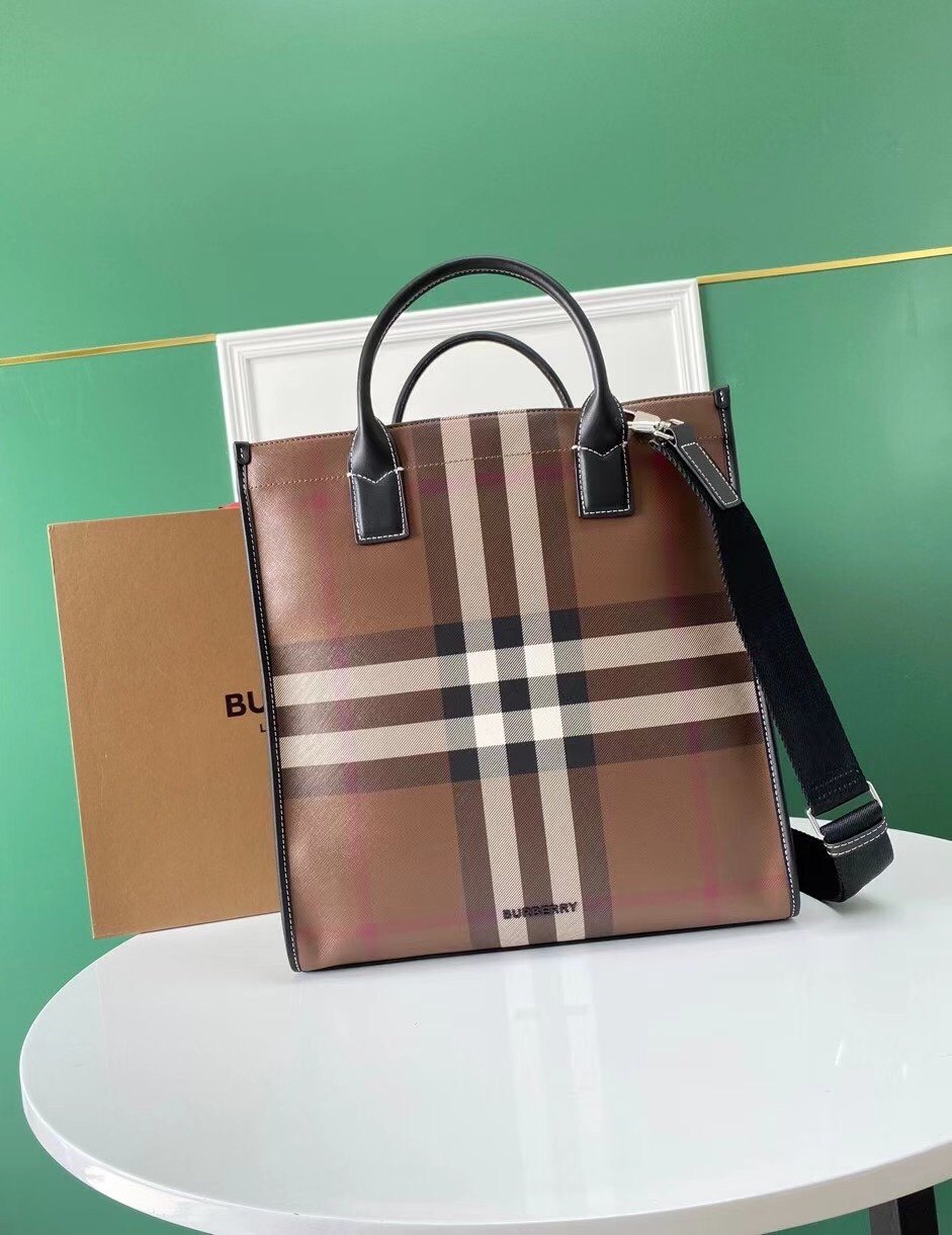 Burberry Check Pattern Leather Tote Bag