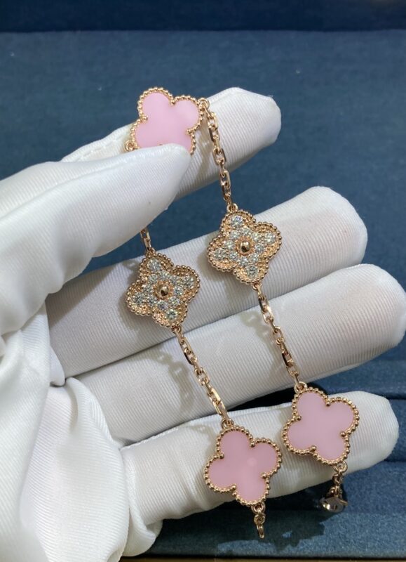 VCA Five pollen four-leaf clover bracelet with diamonds in ceramic, rose gold