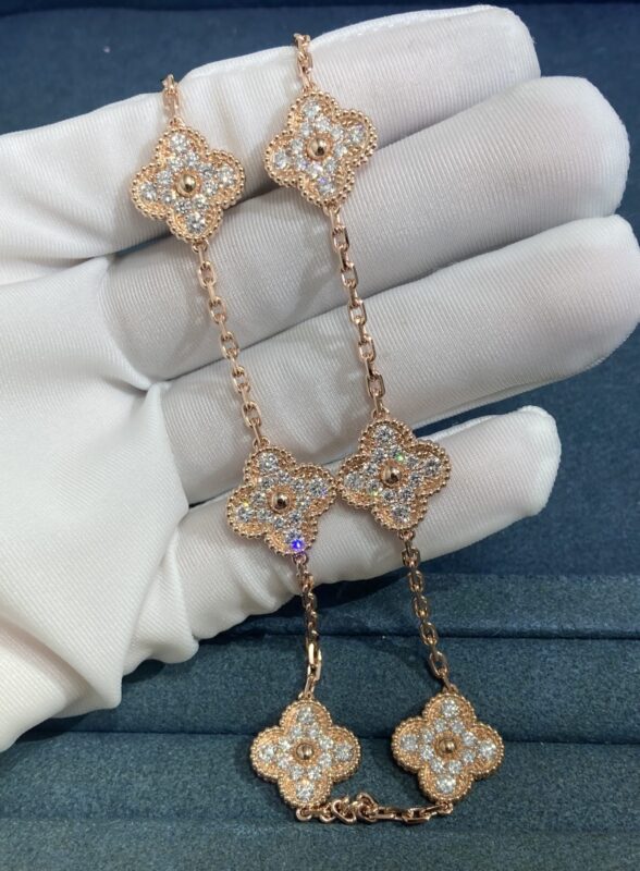 VCA Clover Necklace with Diamonds, Rose Gold