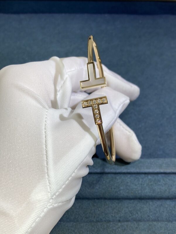 Tiffany’s Double T White Shell Diamond Bracelet, Yellow Gold