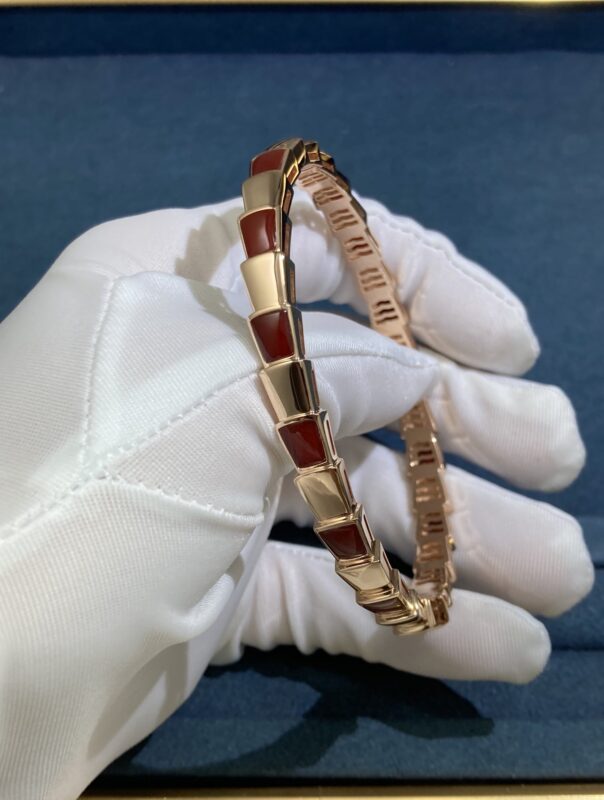 Bvlgary’s Carnelian snake bone bracelet, rose gold