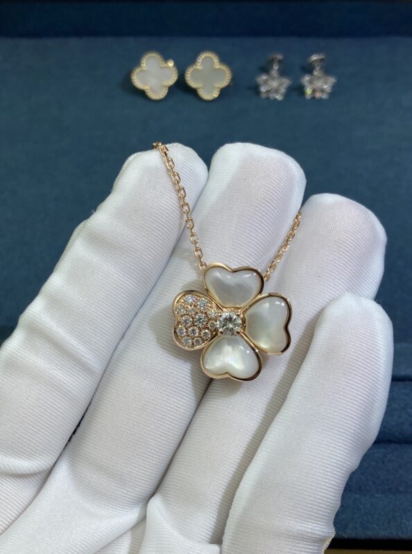 VCA’s Four Hearts White Shell Necklace with Diamonds, Rose Gold