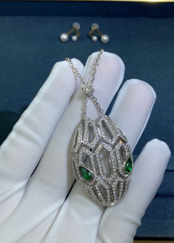 Bvlgary’s Emerald Snake Head Necklace, White Gold