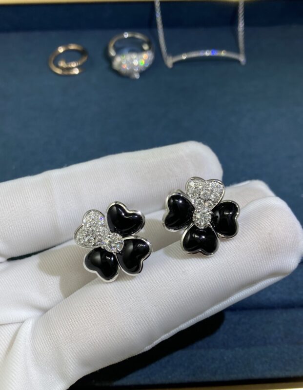 Black Onyx Four Hearts Ear Pads with Diamonds, White Gold