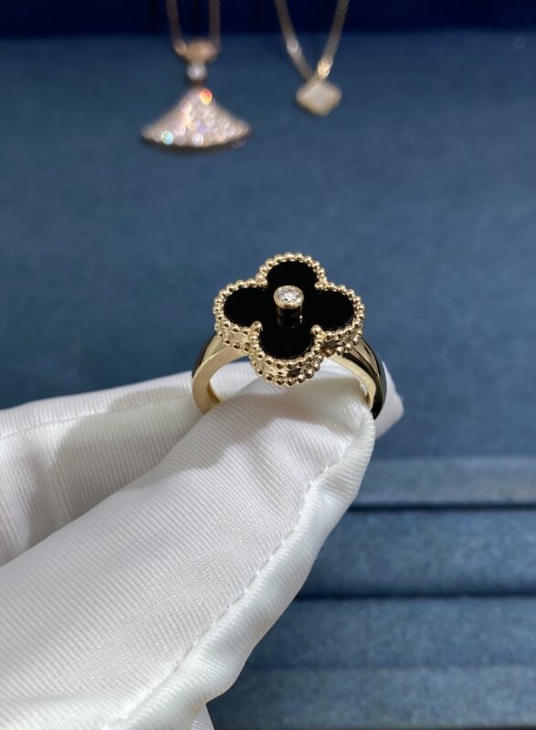 VCA Medium One Diamond Black Onyx Clover Ring, Yellow Gold