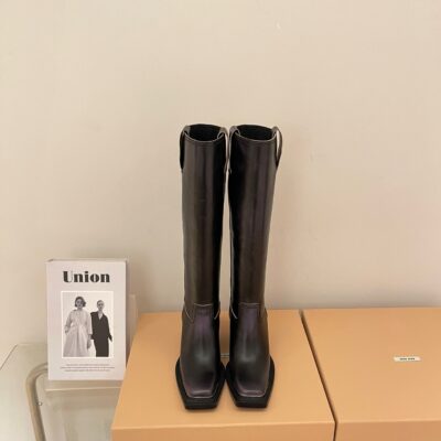 Miu Miu 2023 Square Toe Retro High-heeled Knight Boots - Free Shipping