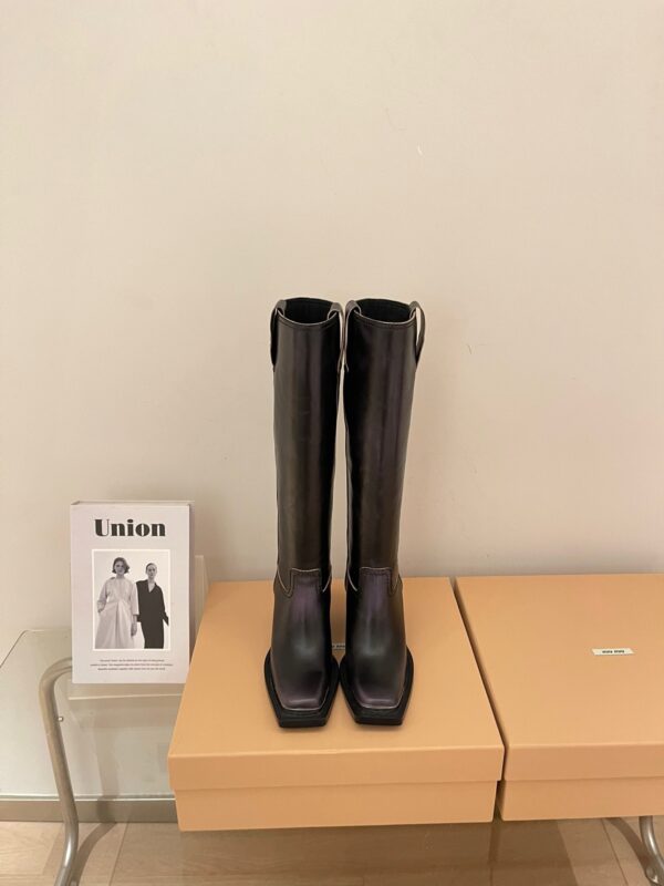 Miu Miu 2023 Square Toe Retro High-heeled Knight Boots – Free Shipping