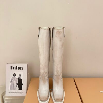 Miu Miu 2023 Square Toe Retro High-heeled Knight Boots - Free Shipping