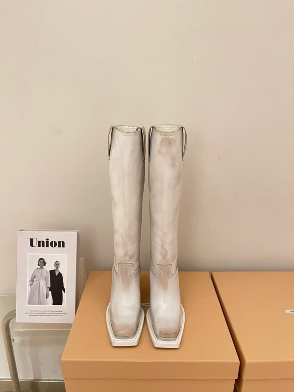 Miu Miu 2023 Square Toe Retro High-heeled Knight Boots – Free Shipping