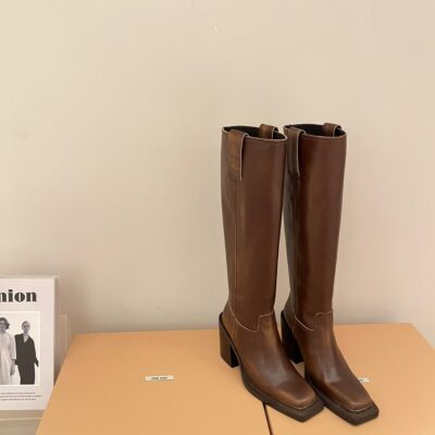 Miu Miu 2023 Square Toe Retro High-heeled Knight Boots - Free Shipping