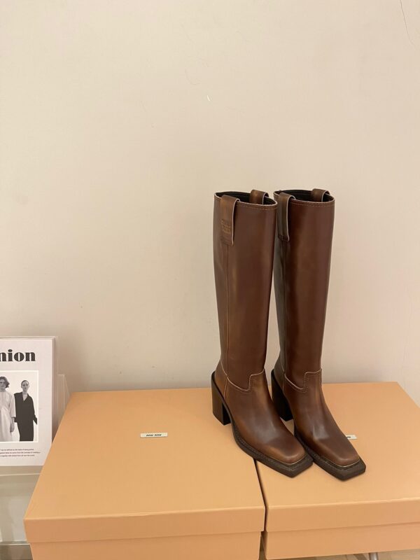 Miu Miu 2023 Square Toe Retro High-heeled Knight Boots – Free Shipping