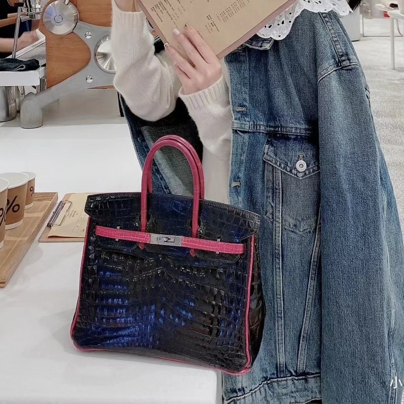 1000120989.jpg Birkin 25 Noir & Rose Scheherazade Porosus Crocodile PHW - Image 1