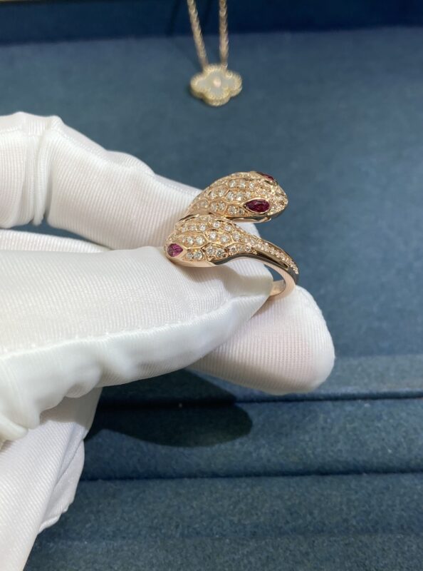 Rubellite Snake Ring with Diamonds, Rose Gold