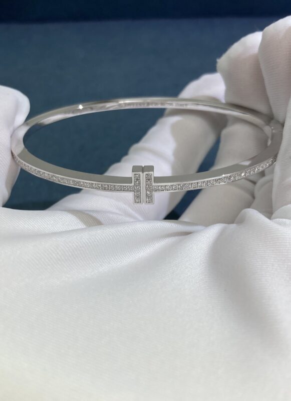 Double T Full Diamond Bracelet, White Gold