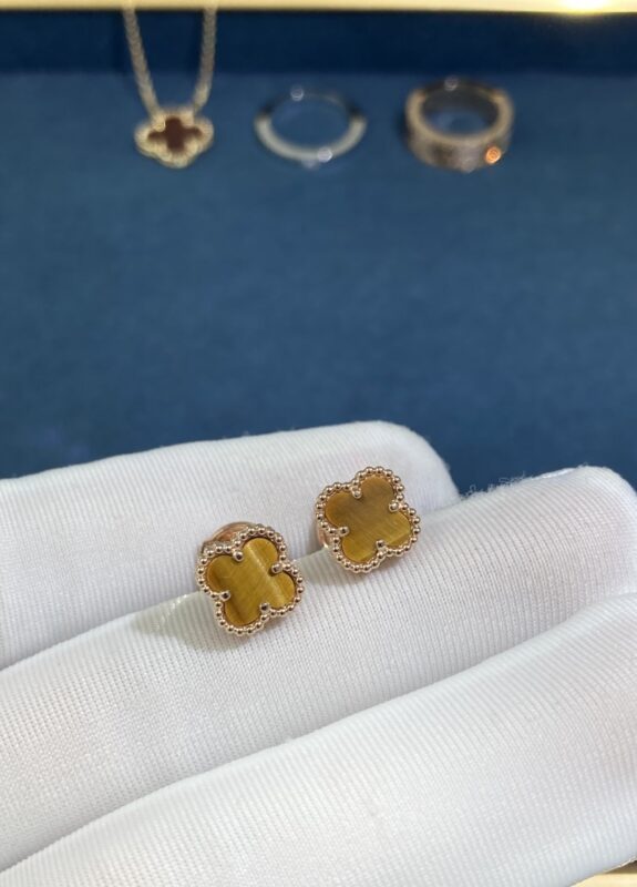 Small Tiger’s Eye Clover Stud Earrings, Rose Gold