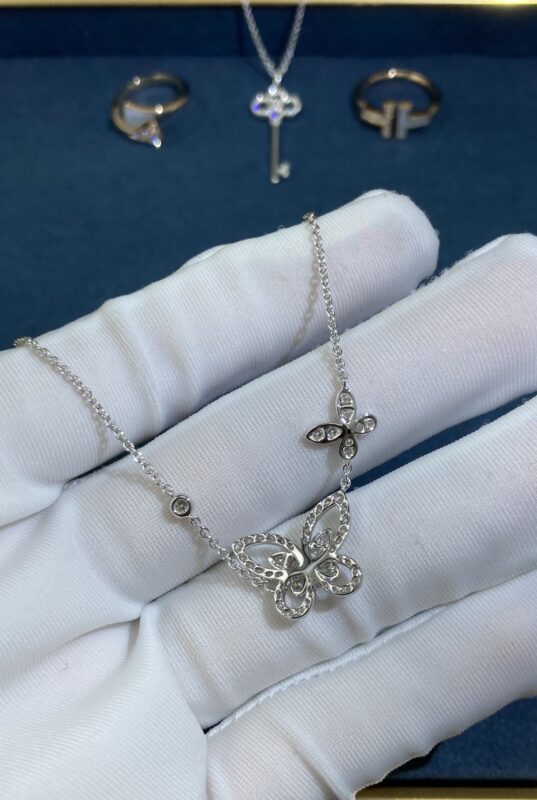 Double Butterfly Necklace with Diamonds, White Gold