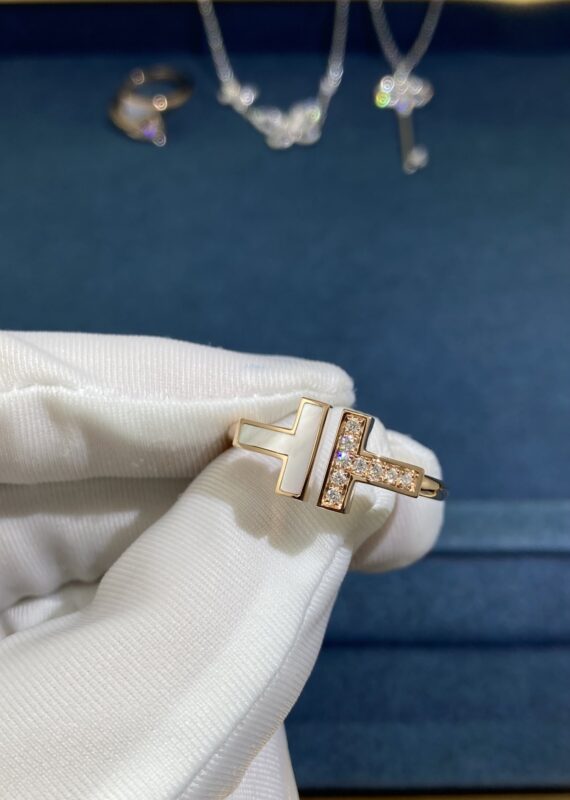 Double T White Shell Diamond Ring, Rose Gold