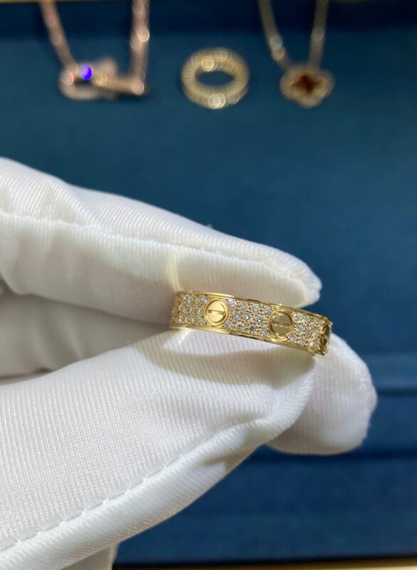 Narrow Three Rows Diamond Gypsophila Ring, Yellow Gold