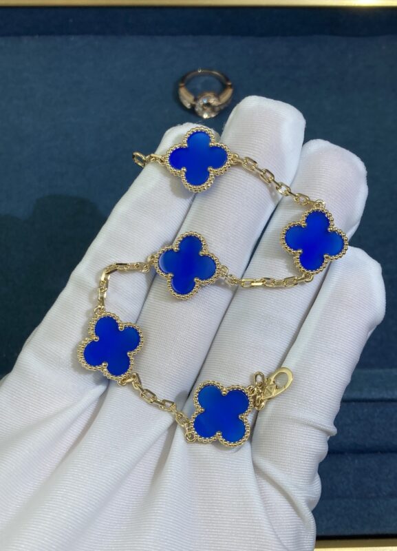 VCA Five-Flower Blue Chalcedony Four-Leaf Clover Bracelet, Yellow Gold