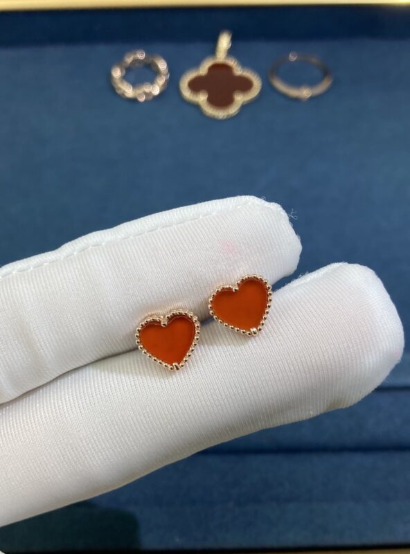 Carnelian Heart Stud Earrings, Rose Gold
