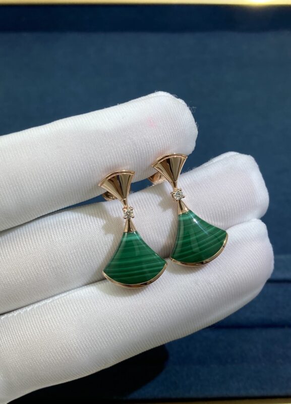 Double Malachite Skirt Stud Earrings, Rose Gold