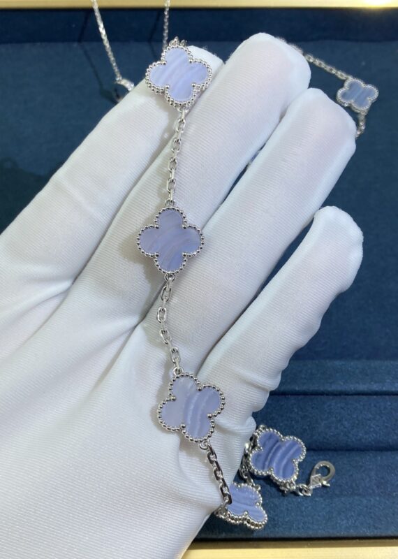 VCA Five-Flower Purple Chalcedony Four-Leaf Clover Bracelet, White Gold