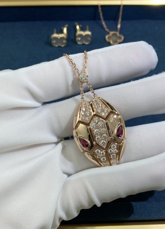 Snake Head Rubellite Necklace with Diamonds, Rose Gold