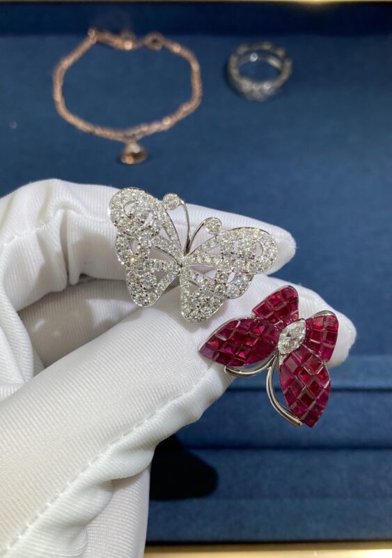 Double Butterfly Full Diamond Ruby Ring, White Gold