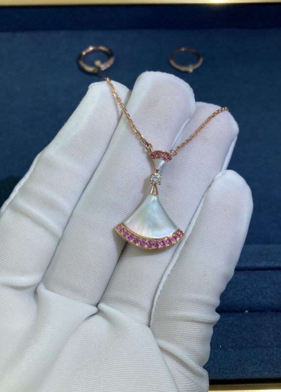 White Shell Double Fan Pink Sapphire Skirt Necklace, Rose Gold