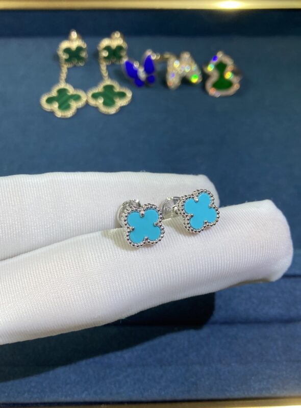 Small Turquoise Clover Stud Earrings, White Gold