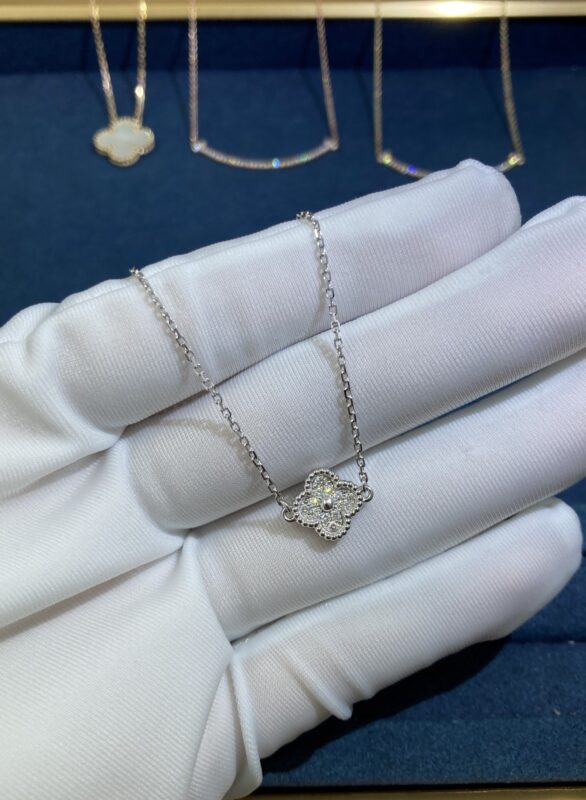 Small Four-Leaf Clover Bracelet with Diamonds, White Gold