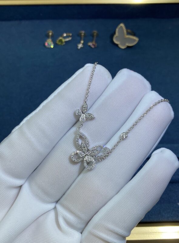 Double Butterfly Necklace with Diamonds, White Gold