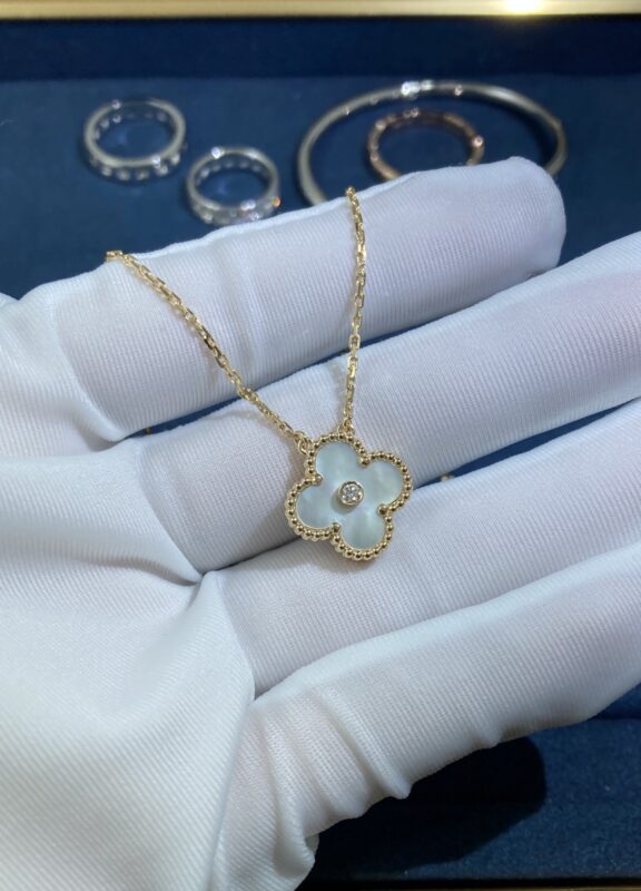 Medium One Diamond White Shell Clover Necklace, Yellow Gold