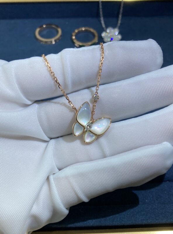 White Shell Marquise Butterfly Necklace, Rose Gold