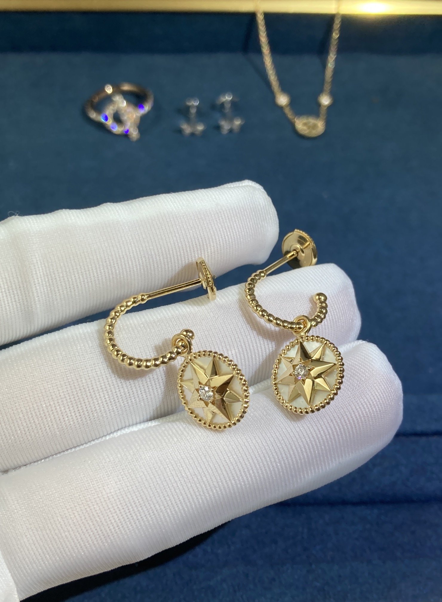 50378.jpg White Bell Compass Stud Earrings, Yellow Gold - Image 1