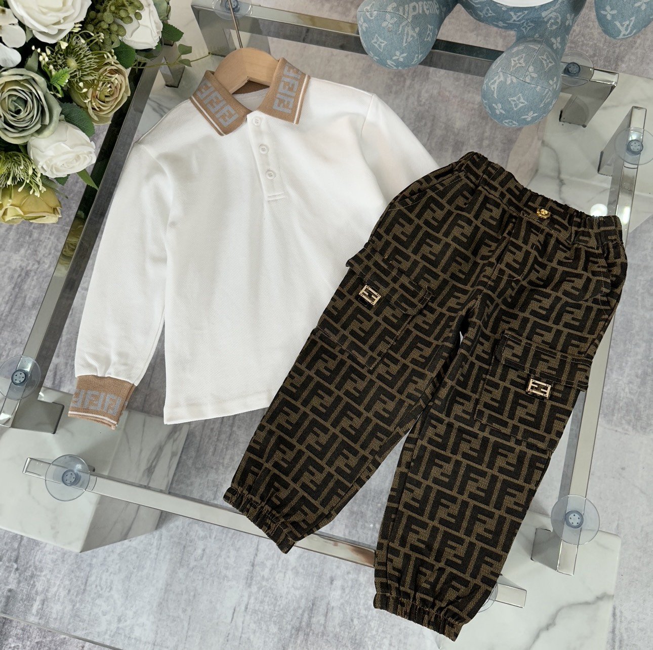 55054-1.jpg Fendi White Shirt & Brown Trousers - Image 1