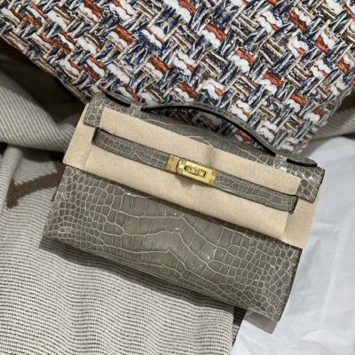 Kelly Pochette Grey Shiny Crococodile GHW