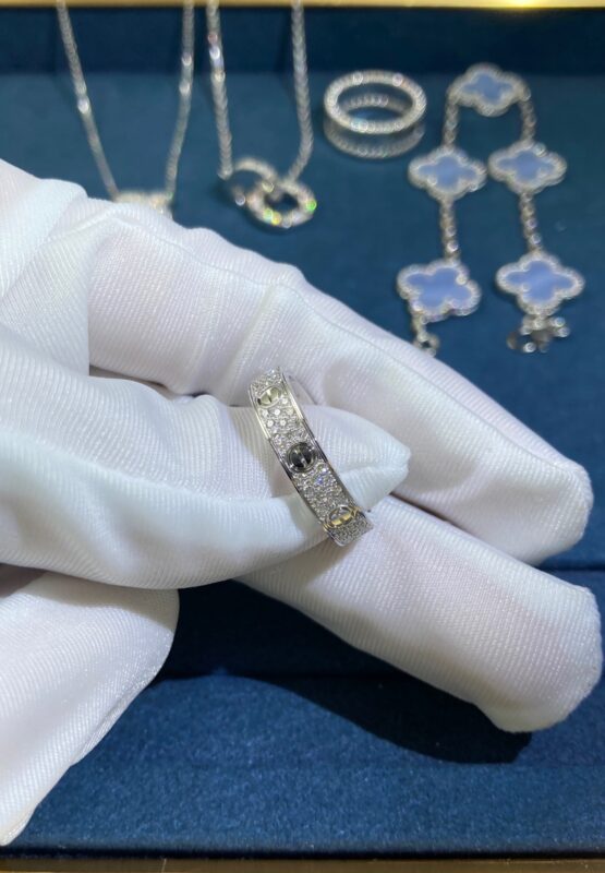 Narrow Three Row Diamonds Gypsophila Ring, White Gold