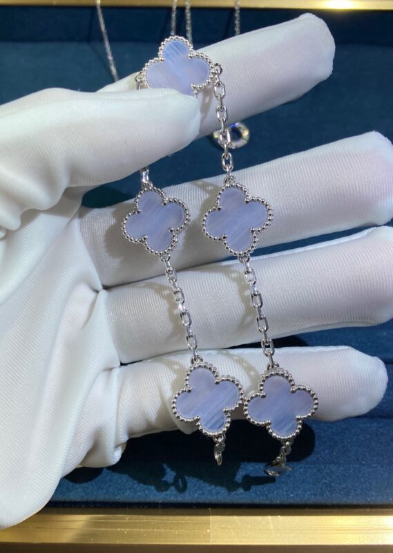 Five-Flower Purple Chalcedony Four-Leaf Clover Bracelet, White Gold