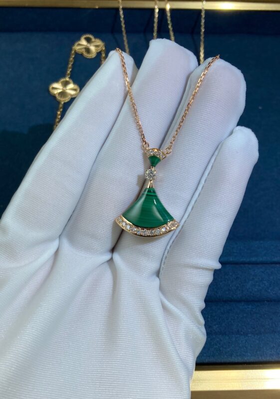 Double Fan Malachite Skirt Necklace, Rose Gold