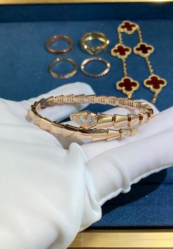 Diamond Head and Tail Snake Bracelet, Rose Gold