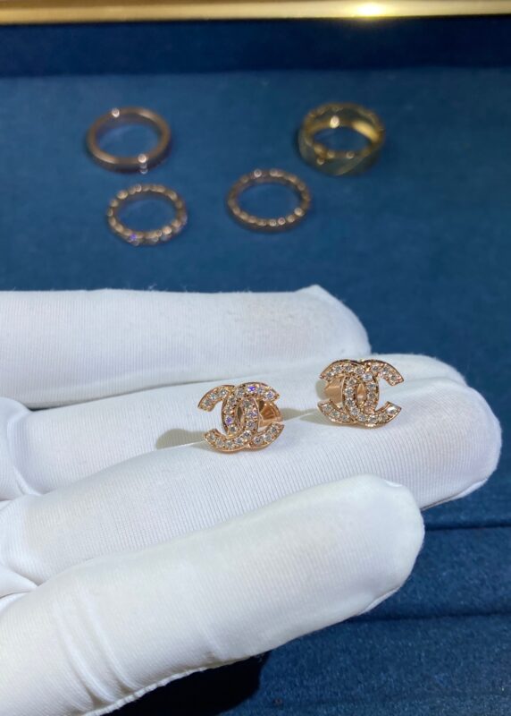 Double Chanel Full Diamond Stud Earrings, Rose Gold