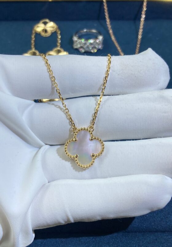 Medium White Shell Clover Necklace, Gold