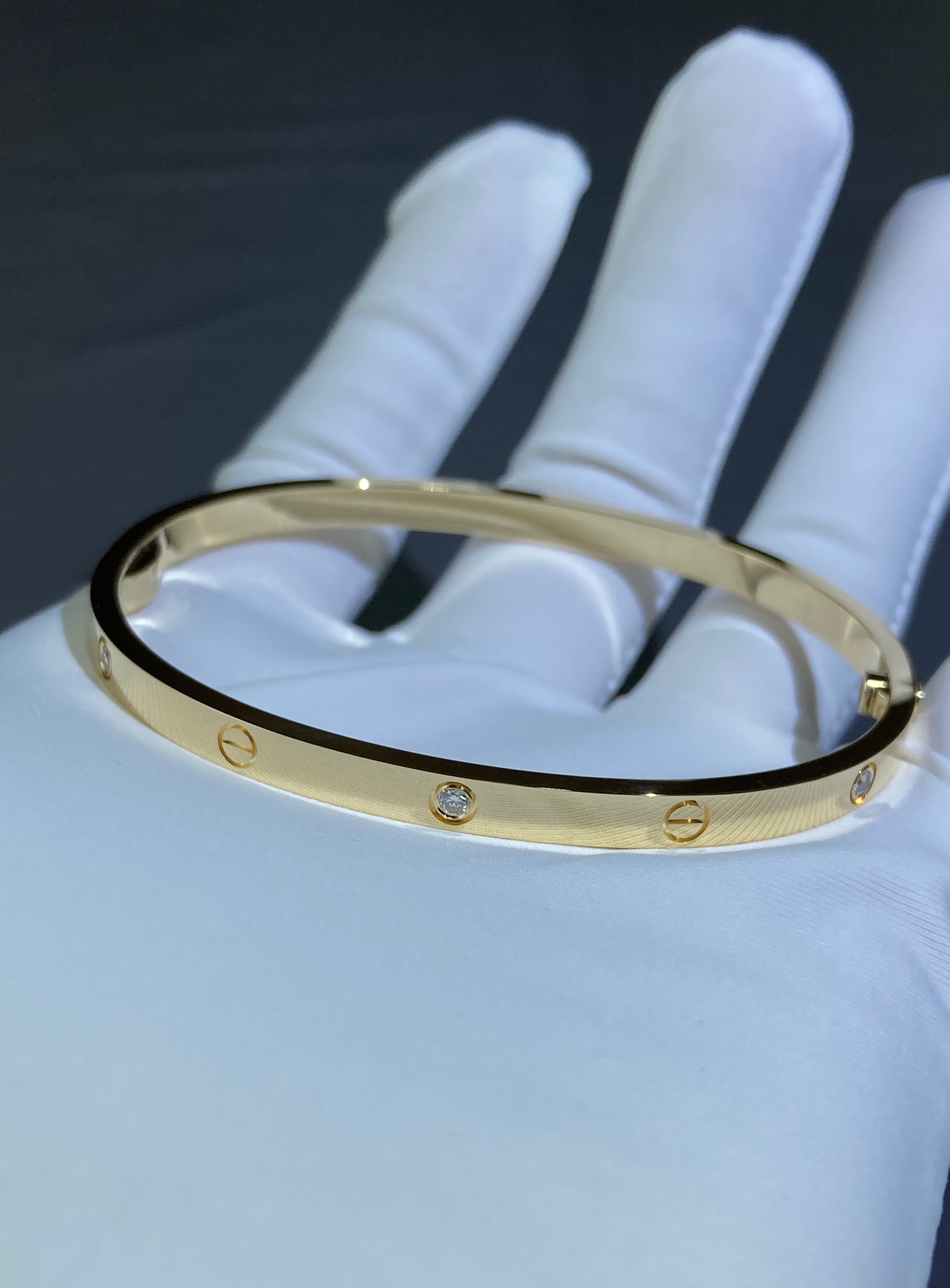 img_1016 Narrow Six Diamond Bracelet, Yellow Gold - Image 1